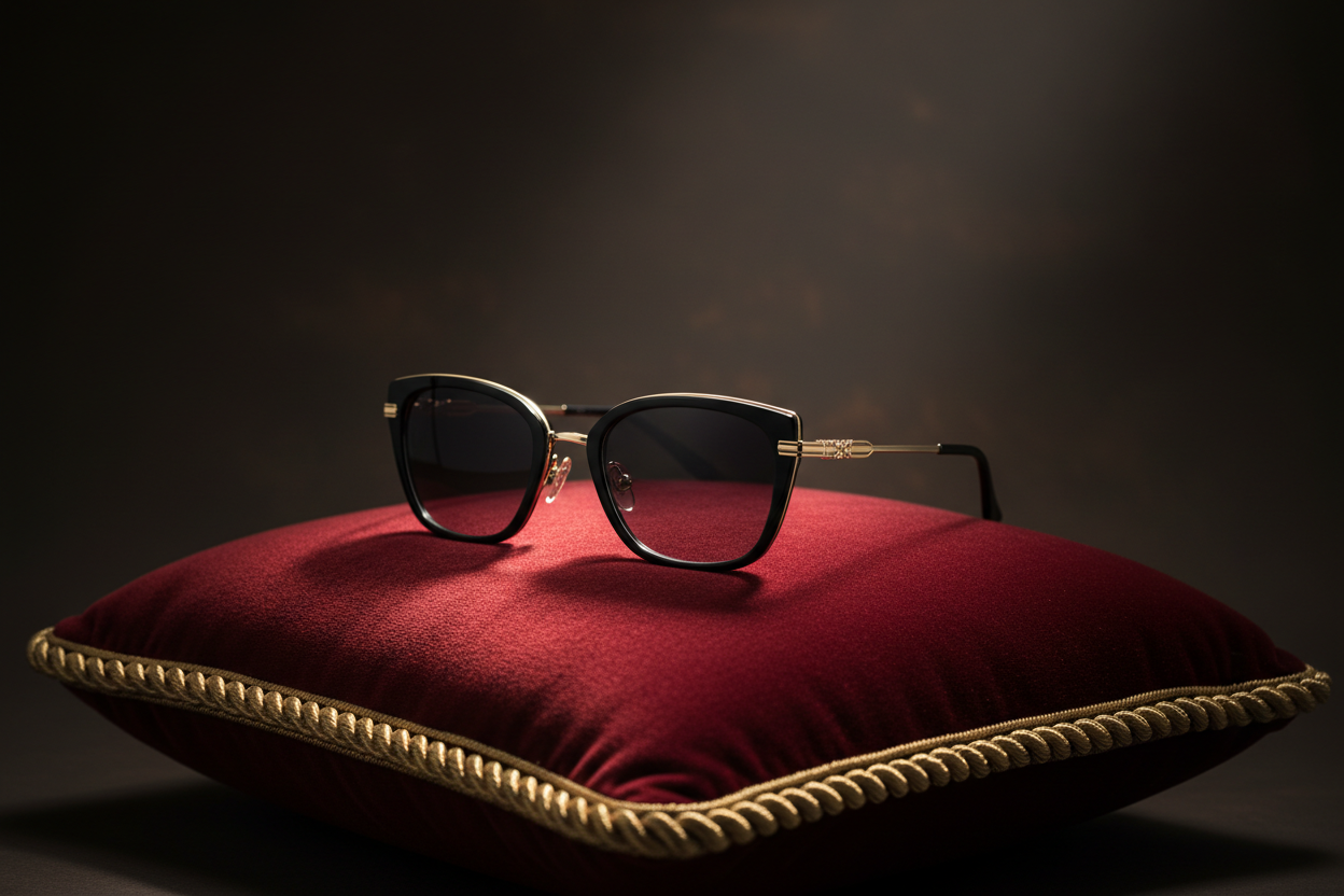 Lentes elegantes sobre cojín rojo